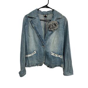 Shaver Lake Denim Blazer Jacket Gingham Flower Pin Large Casual Button Front